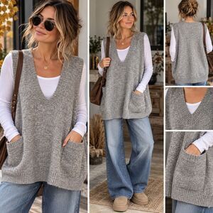 BeCool Gray Sweater Vest M/L Oversized V-Neck Pocketed Knit
